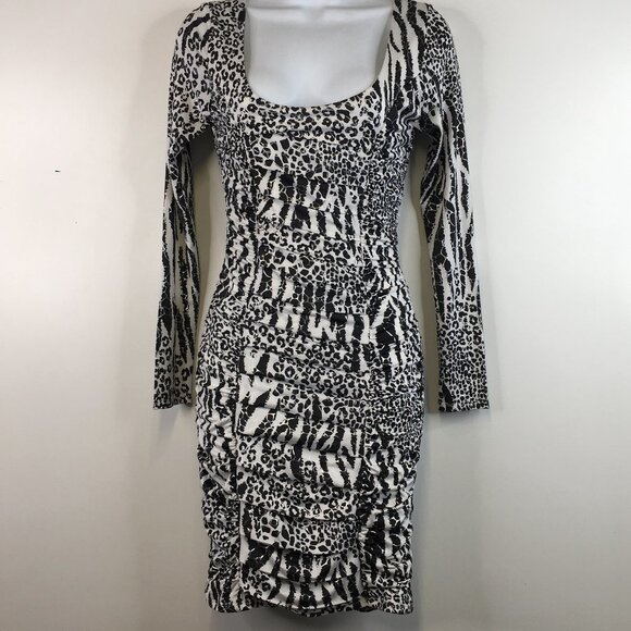 NWT Arden B Long Sleeve Pleated Cheetah Black and White Dress Size S - Picture 1 of 16